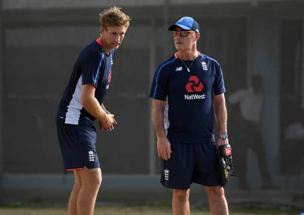 HELPIONG HAND: England batting coach Graham Thorpe with captain Joe Root in Bridgetown, Barbados earlier this year. Picture: Gareth Copley/Getty Images
