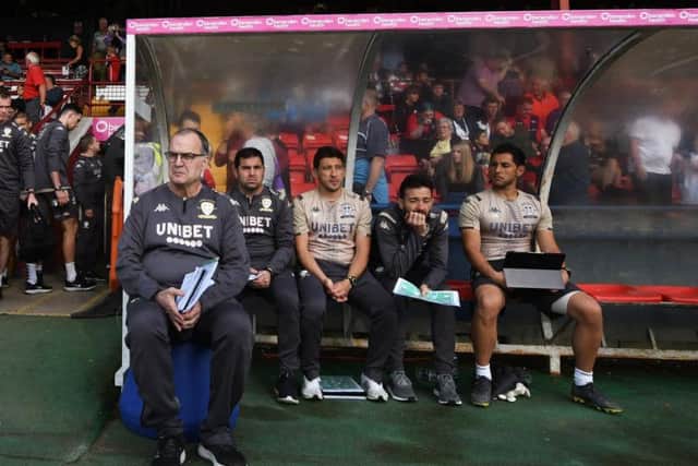 Leeds United head coach Marcelo Bielsa and his coaching staff. (Getty)