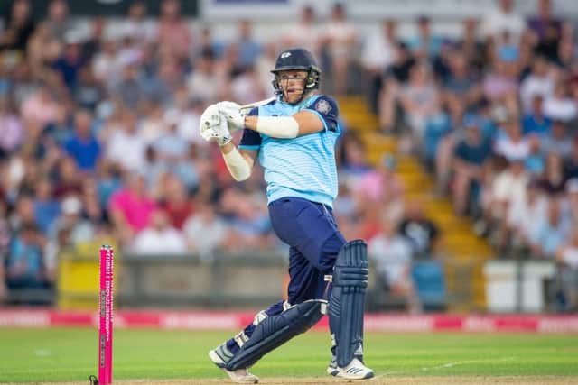 Yorkshire's David Willey hits out against Lancashire. Picture: Allan McKenzie/SWpix.com