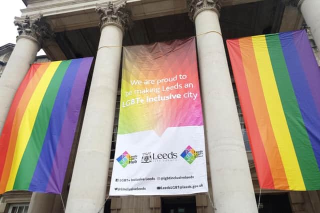 Leeds Civic Hall producing sporting the LGBT+ flag. Photo provided by Leeds Council.