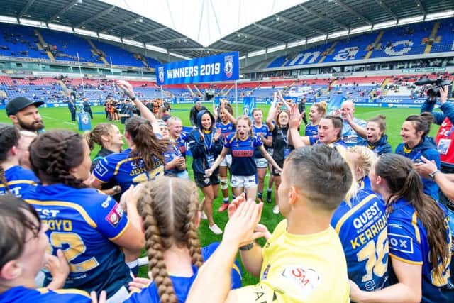 Leeds Rhinos celebrate their Coral Women's Challenge Cup final win over Castleford Tigers. PIC: Allan McKenzie/SWpix.com