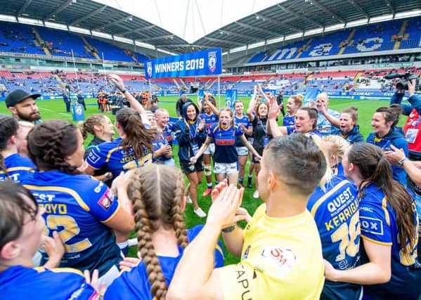 Leeds Rhinos celebrate their Coral Women's Challenge Cup final win over Castleford Tigers. PIC: Allan McKenzie/SWpix.com
