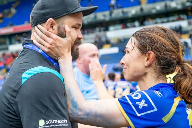 Leeds Rhinos women's team coach Adam Cuthbertson and captain Courtney Hill share a proud moment after Sunday's Challenge Cup triumph. PIC: Allan McKenzie/SWpix.com