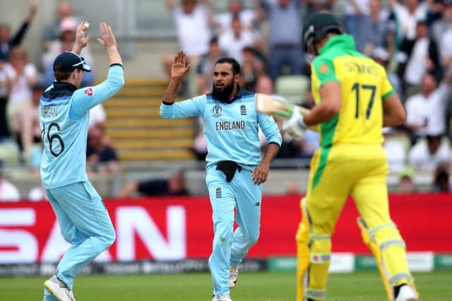 Yorkshire's Adil Rashid celebrates taking the wicket of Australia's Marcus Stoinis for England in the World Cup semi-final at Edgbaston. Picture: Nick Potts/PA