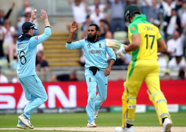Yorkshire's Adil Rashid celebrates taking the wicket of Australia's Marcus Stoinis for England in the World Cup semi-final at Edgbaston. Picture: Nick Potts/PA