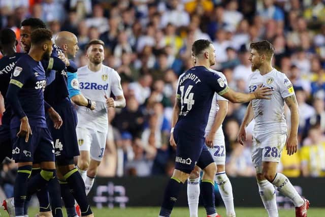 Leeds United defender Gaetano Berardi receives his marching orders against Derby County. (Getty)