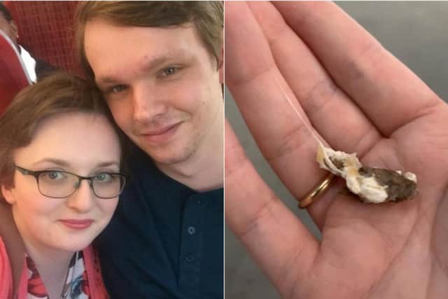 Elle Harrop (pictured with boyfriend Joe Rands) claims she found the chewing gun in her McDonald's fries.
