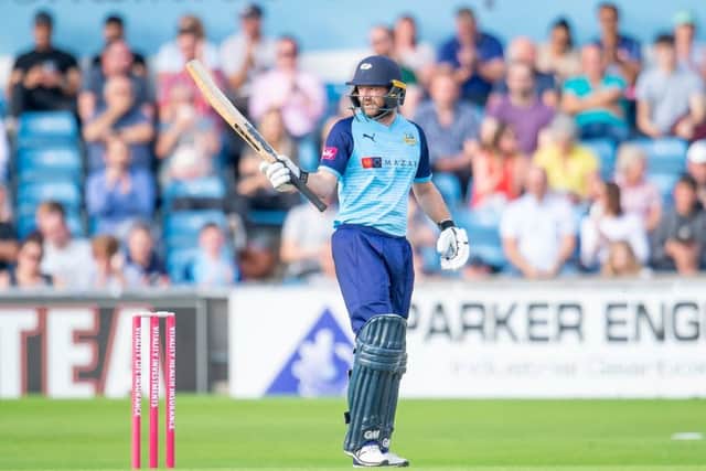 Yorkshire's Adam Lyth celebrates his half century against the Worcester Rapids. Picture: Allan McKenzie/SWpix.com