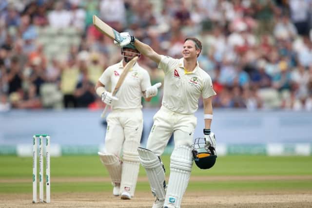 Australia's Steve Smith celebrates reaching his century on day four at Edgbaston. Picture: Nick Potts/PA