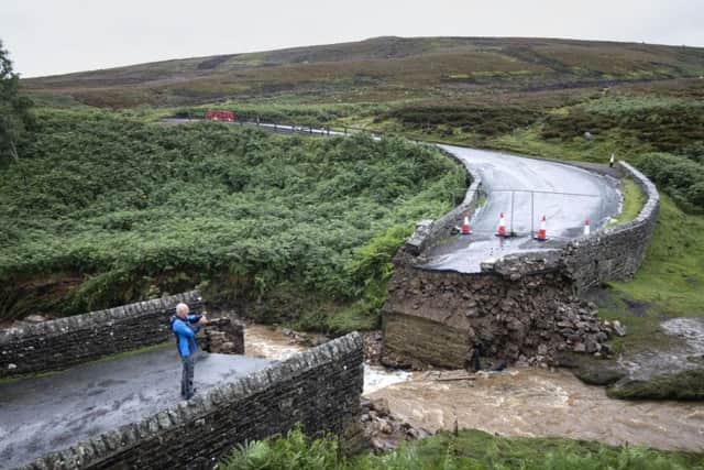 The collapsed bridge near Grinton, North Yorkshire. A temporary bridge will replace the bridge allowing the prestigious UCI Road World Championship bike race to stay on its intended route. Picture: PA