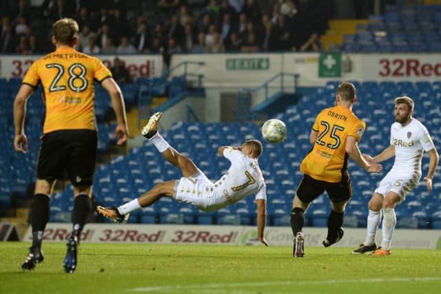 Kemar Roofe scores his third goal with an overhead kick.
Leeds United v Newport County.  Carabao Cup, second round.  Elland Road.
22 August 2017.  Picture Bruce Rollinson