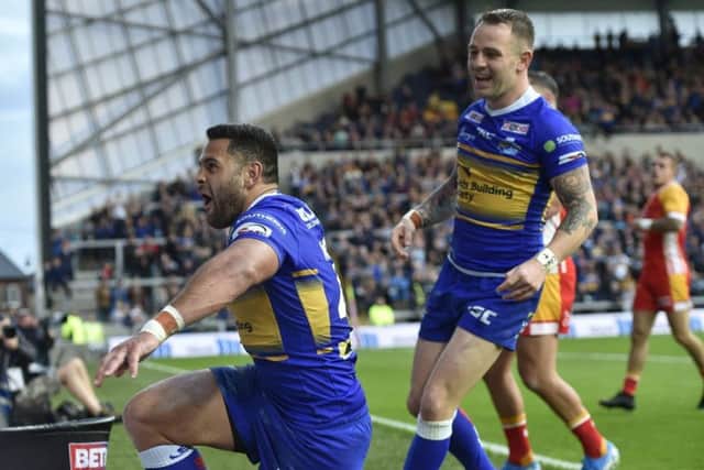 Rhyse Martin scored a try and kicked 10 goals in a man-of-the-match performance for Leeds Rhinos against Catalans Dragons. Richie Myler, right, chipped in with a couple of tries as well. PIC: Matthew Merrick/Varley Picture Agency