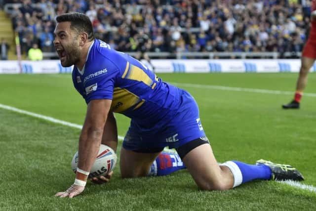 Rhyse Martin celebrates his sensational try against Catalans Dragons.