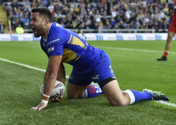 Rhyse Martin celebrates his sensational try against Catalans Dragons.