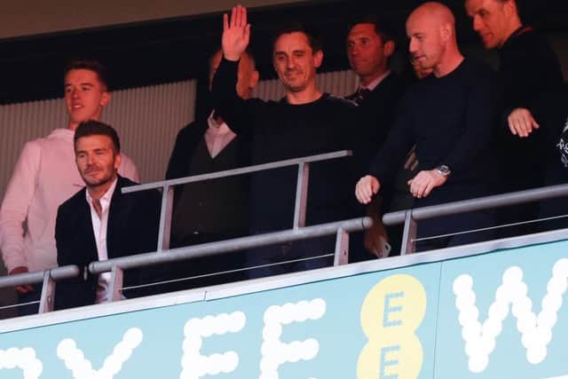 FAMILIAR FACES: Co-owners David Beckham, Gary Neville, Nicky Butt and Phil Neville in the stands during the Vanarama National League play-off final between Salford City and AFC Fylde at Wembley Stadium back in May. Photo by Henry Browne/Getty Images.