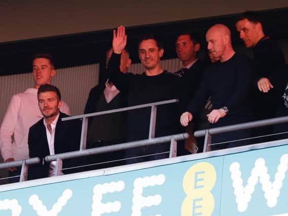 FAMILIAR FACES: Co-owners David Beckham, Gary Neville, Nicky Butt and Phil Neville in the stands during the Vanarama National League play-off final between Salford City and AFC Fylde at Wembley Stadium back in May. Photo by Henry Browne/Getty Images.