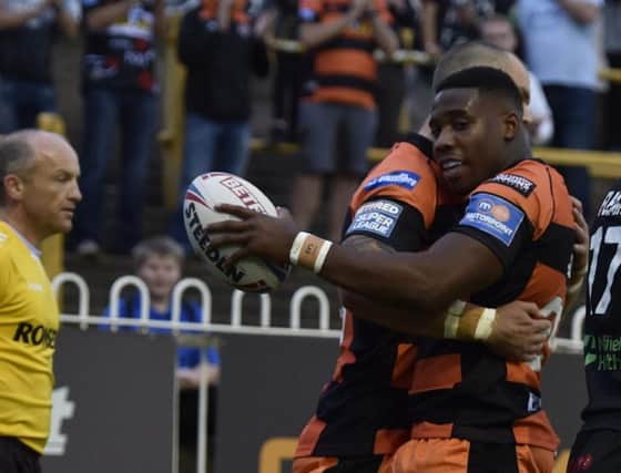 Tuoyo Egodo celebrates scoring a try for Castleford Tigers in their game last week against his future employers London Broncos. Picture: Matthew Merrick