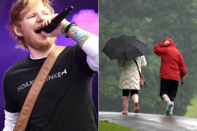 Ed Sheeran (Photo: Ben Birchall/PA Wire) and rain at Roundhay Park