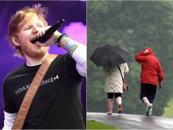 Ed Sheeran (Photo: Ben Birchall/PA Wire) and rain at Roundhay Park