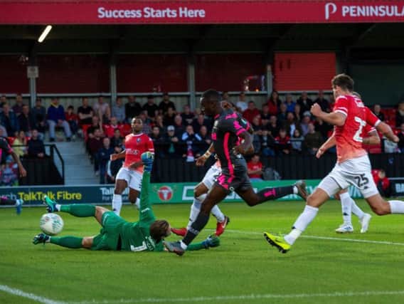 CLINICAL: Eddie Nketiah bags his first goal for Leeds United from Helder Costa's cross in Tuesday night's 3-0 win at Salford City in the Carabao Cup. Picture by Bruce Rollinson.