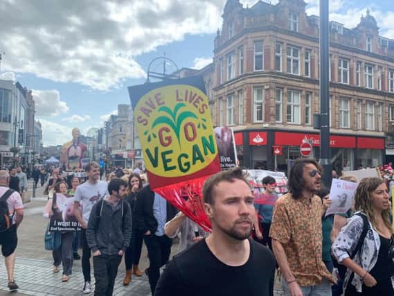 Vegans staged a march through Leeds city centre on Saturday calling for an end to animals being slaughtered for meat