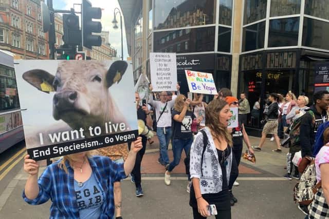 Vegans staged a march through Leeds city centre on Saturday calling for an end to animals being slaughtered for meat