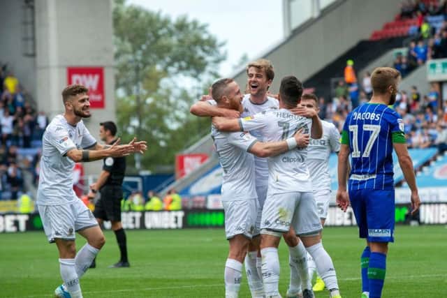 Leeds United's Patrick Bamford celebrates following his opener against Wigan.