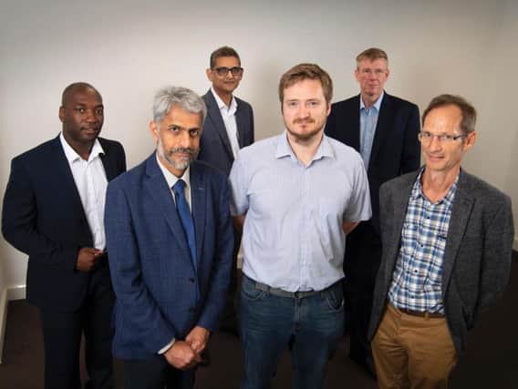 Front, left to right, are Professor Gin Jose, Dr Matthew Murray and Chris Brill of Optimus Vitrum, and back, Maurice Disasi of Mercia, Dr Arshad Mairaj of the University of Leeds and Ken Cooper of the British Business Bank. Picture: Simon Vine