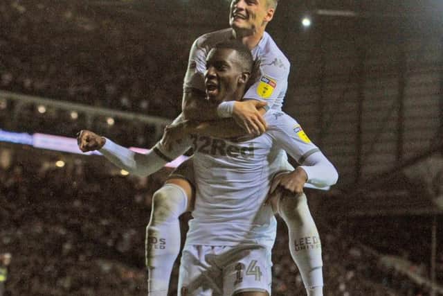 Leeds United loanee Eddie Nketiah celebrates his winning goal at Elland Road.