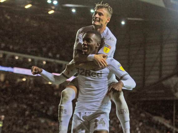 Leeds United loanee Eddie Nketiah celebrates his winning goal at Elland Road.