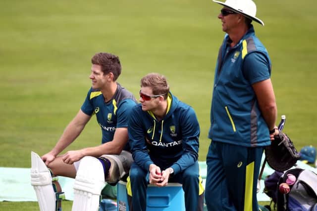 Australia's Steve Smith and Tim Paine (left) during the nets session at Headingley. Picture: Tim Goode/PA