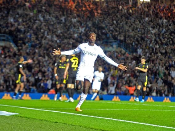 Leeds United loanee Eddie Nketiah celebrates at Elland Road.