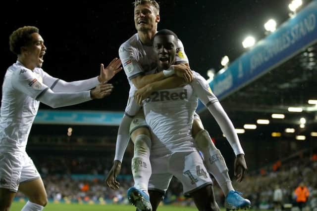 Leeds United's Eddie Nketiah celebrates scoring against Brentford.