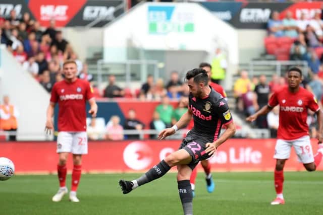 FINE START: Leeds United winger Jack Harrison nets his side's third goal in the 3-1 win at Bristol City over the opening weekend of the new Championship season. Photo by Alex Davidson/Getty Images.