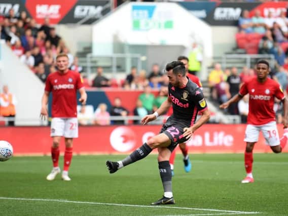 FINE START: Leeds United winger Jack Harrison nets his side's third goal in the 3-1 win at Bristol City over the opening weekend of the new Championship season. Photo by Alex Davidson/Getty Images.