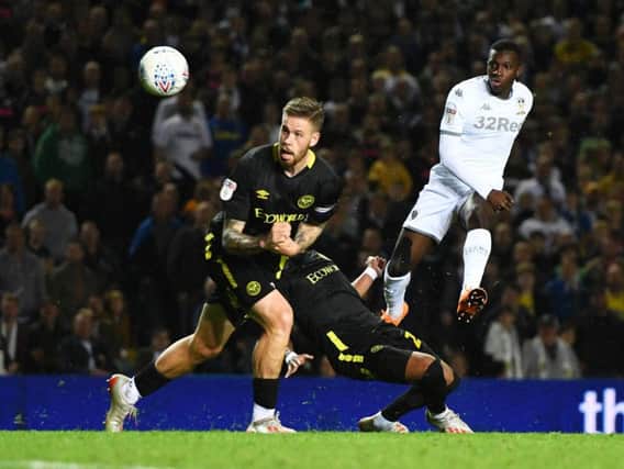 DREAM START: For Leeds United's Arsenal loanee Eddie Nketiah, pictured in action against Brentford and Pontus Jansson in Wednesday night's 1-0 win against the Bees. Photo by George Wood/Getty Images.