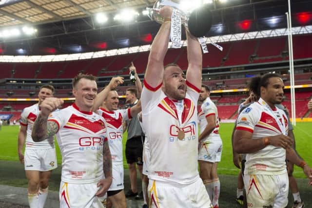 Sheffield Eagles lift the 1895 Trophy at Wembley.