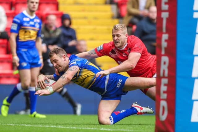Leeds' Richie Myler scores a try against London Broncos at Magin Weekend this year.