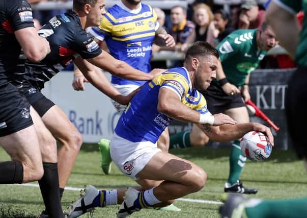 Joel Moon scores his third try during the Super 8s Qualifier between London Broncos and Leeds Rhinos at Ealing last year.