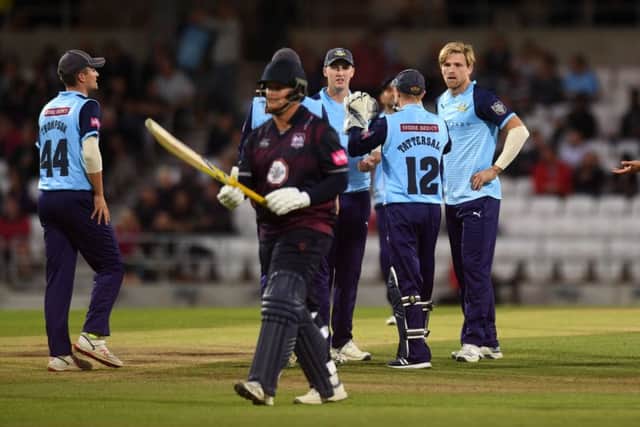 Yorkshire's David Willey takes his first wicket. Picture Jonathan Gawthorpe