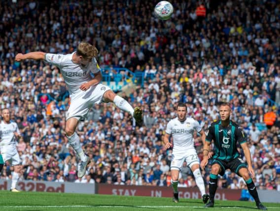Patrick Bamford was off target with this header in the first half (Pic: Bruce Rollinson)