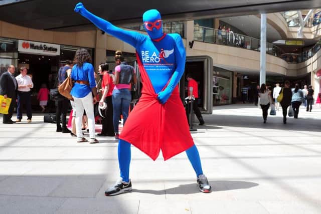 The Be A Hero mascot in Leeds city centre.