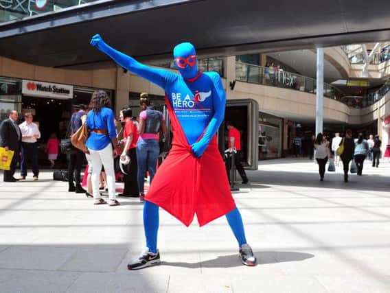 The Be A Hero mascot in Leeds city centre.