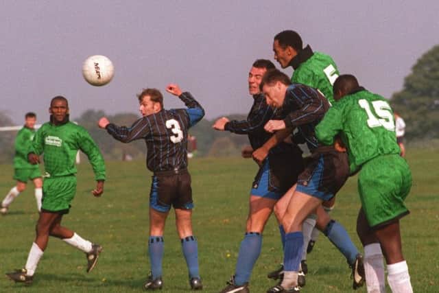 Octoebr 1998 - Mick Mardell (number 5) heads towards goal for Fforde Green against Thornhill Lees in the County Cup. PIC: Steve Riding