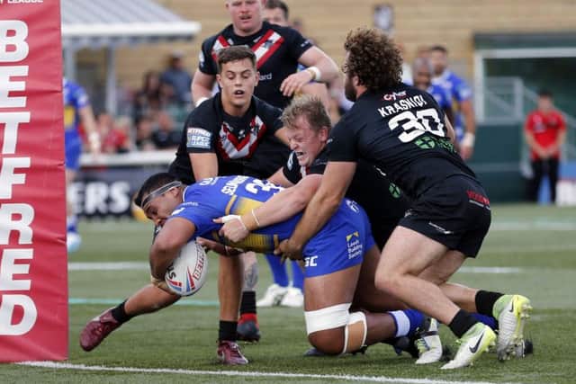 Ava Seumanufagai powers over for a try at London Bronocs.
