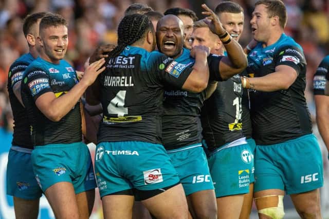 Robert Lui celebrates scoring Leeds Rhinos' third try at Castleford.
