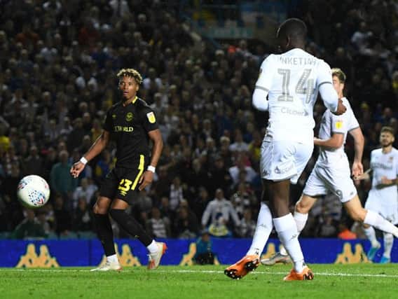 DOUBLE TROUBLE: Leeds United striker Patrick Bamford looks on as Eddie Nketiah scores the only goal of the game in the 1-0 Championship success at home to Barnsley. Photo by George Wood/Getty Images.