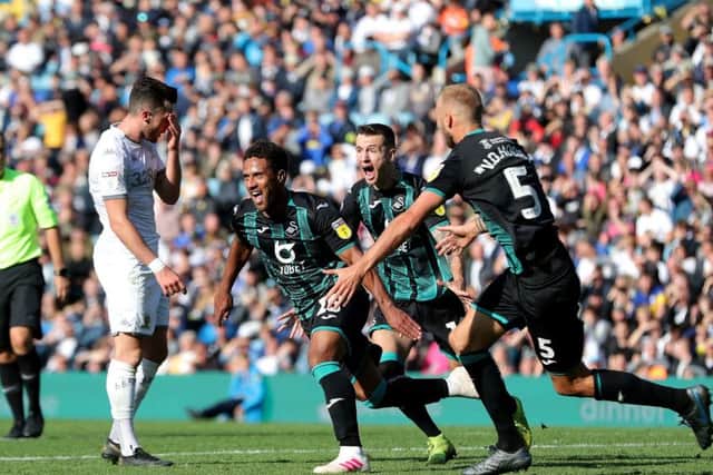 Swansea City's Wayne Routledge celebrates after scoring the winning goal against Leeds United.