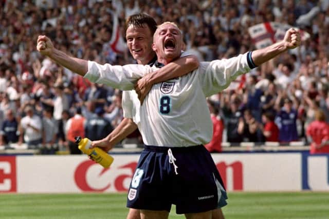 Paul Gascoigne celebrates scoring for England against Scotland at Wembley during Euro 96.