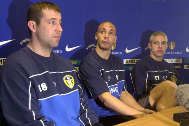 Leeds United trio Nigel Martyn, Rio Ferdinand and Alan Smith.